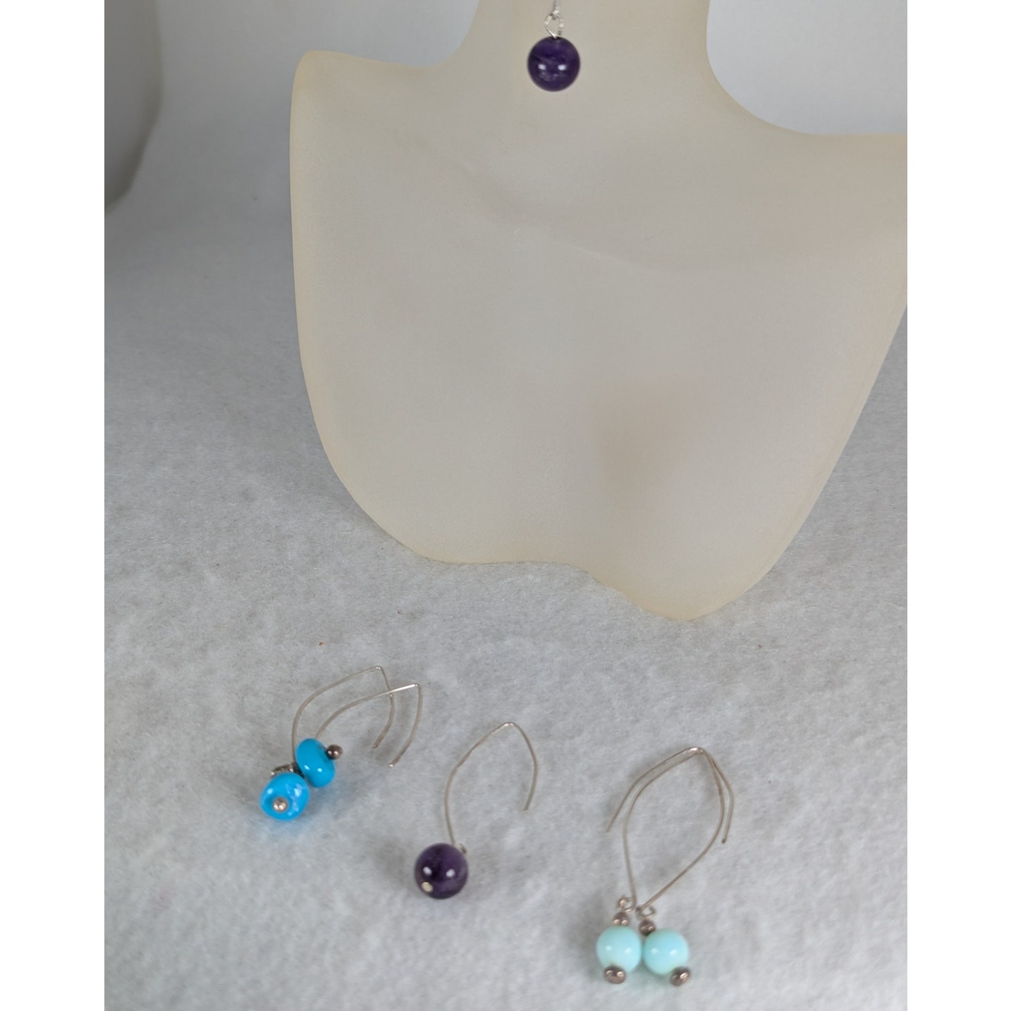 Lot 3 Prs Earrings Sterling Pacific Opal Amethyst Turquoise Wires Drop 2-25 39$
